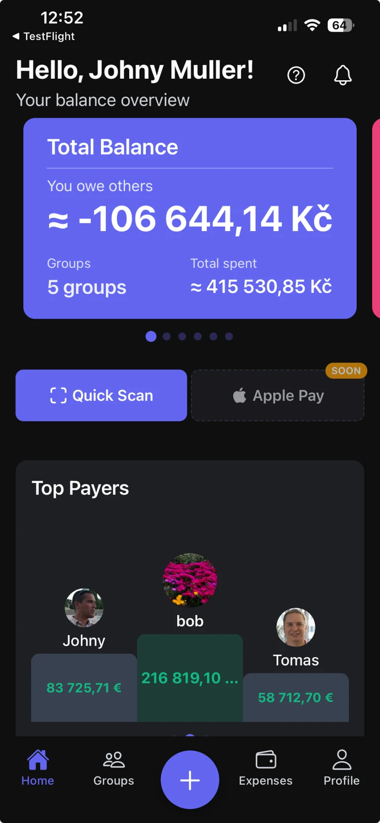 ShareCost app home screen showing balance overview and group expenses
