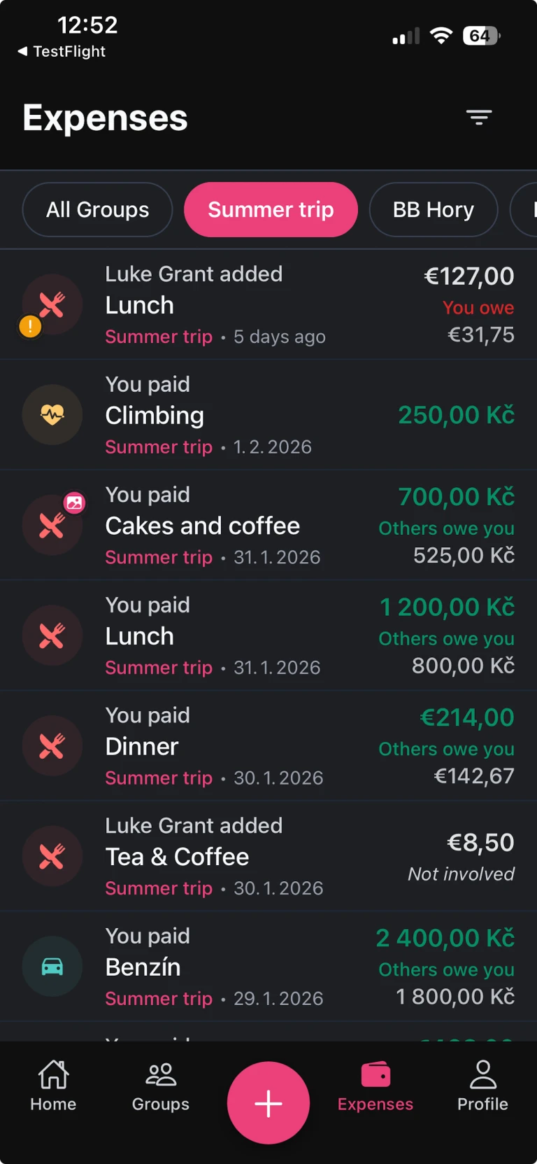 ShareCost expense list with multi-currency support